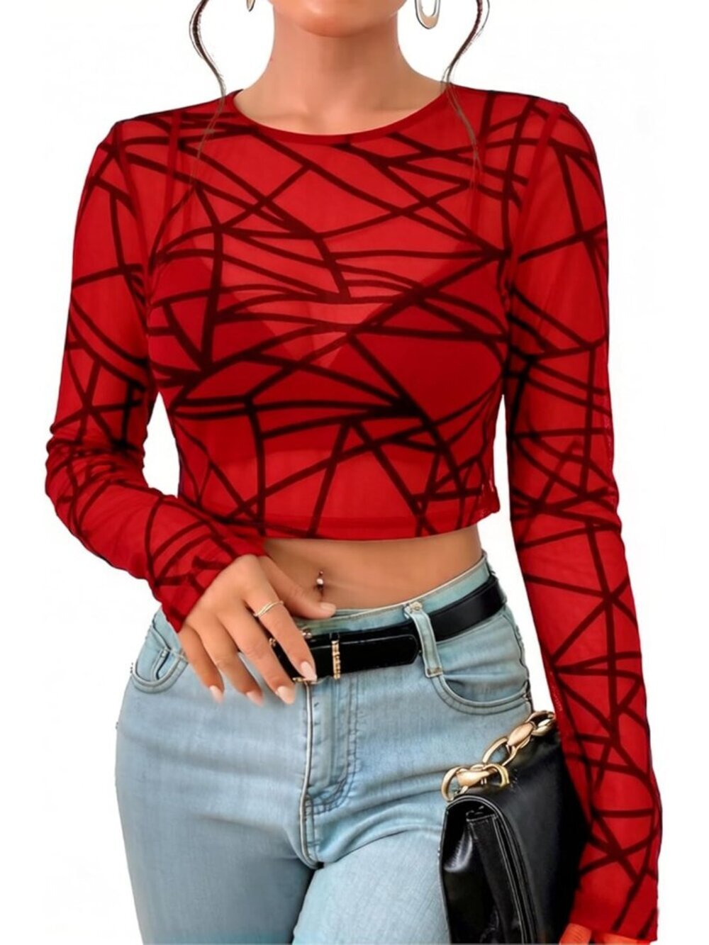 Women's Red Sexy Crop Top Mesh Long Sleeve See Through Clubwear Sheer